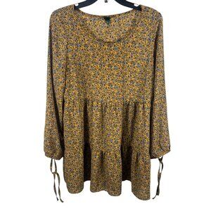 Wild Fable Women Long Sleeve Tiered Mini Dress L Yellow Blue Floral Ditsy Summer